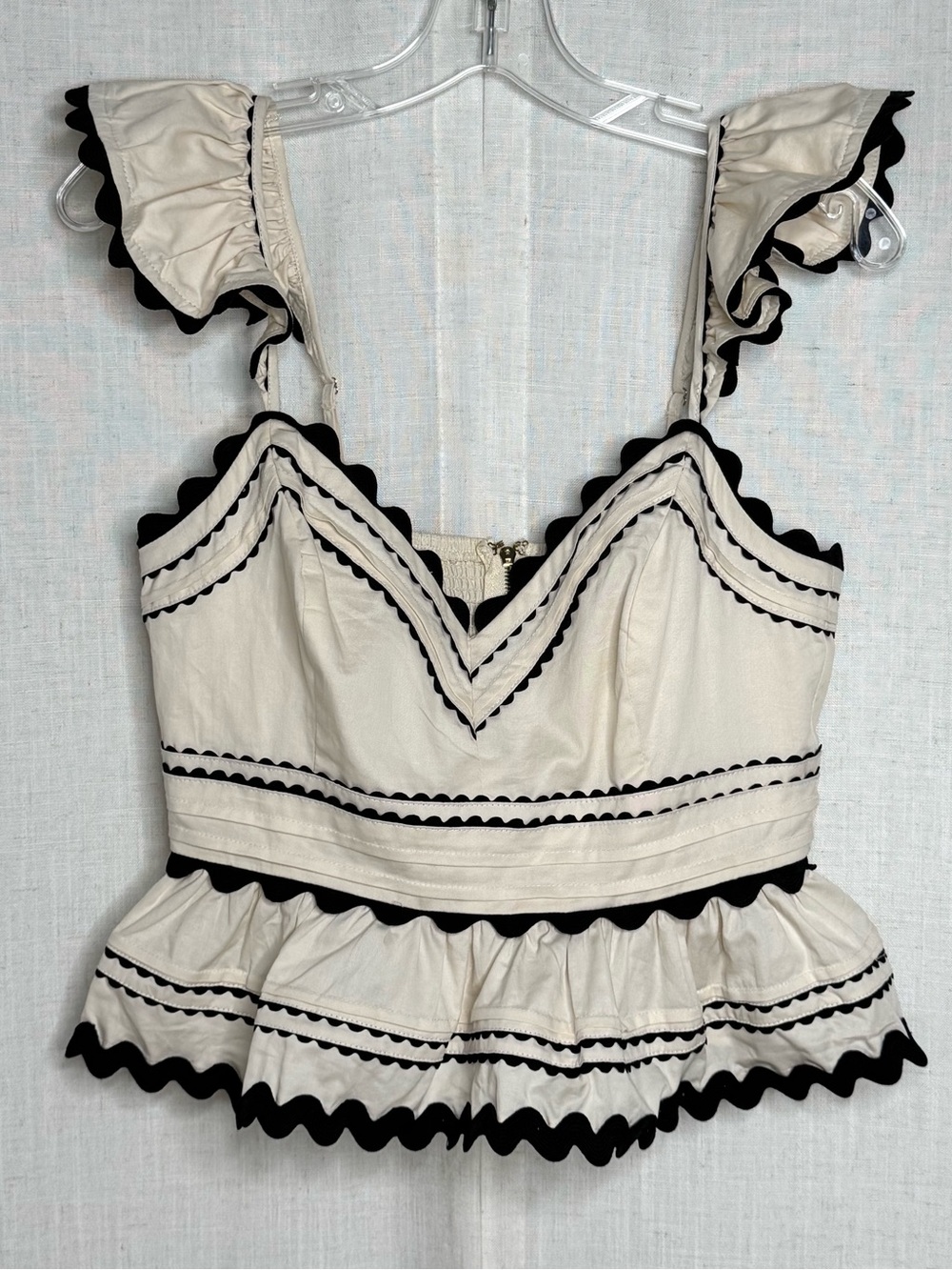 Sofie the Label Ric Rac Ruffle Peplum Top Ivory Black Size M
